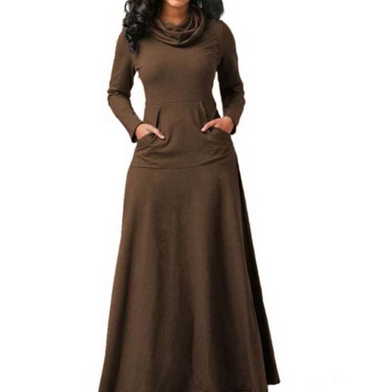 2022 새로운 우아한 긴 맥시 드레스 가을 겨울 따뜻한 높은 칼라 여성 긴팔 드레스 여성 의류 포켓