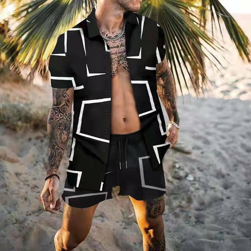 2022 جديد هاواي الرجال مجموعة موضة الهندسة طباعة الصيف كم قصير زر قميص شورتات للبحر الشارع الشهير الرجال دعوى 2 Piece