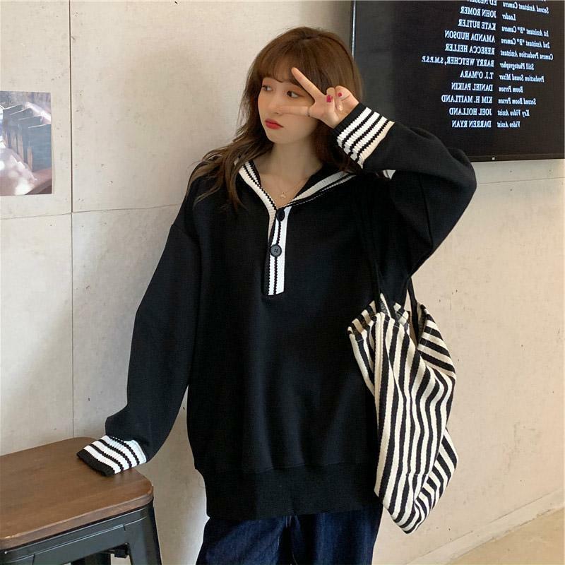 College stripe color Pullover women's loose long sleeve Sweatshirt 2022 autumn fashion black and white matching Pullover Top