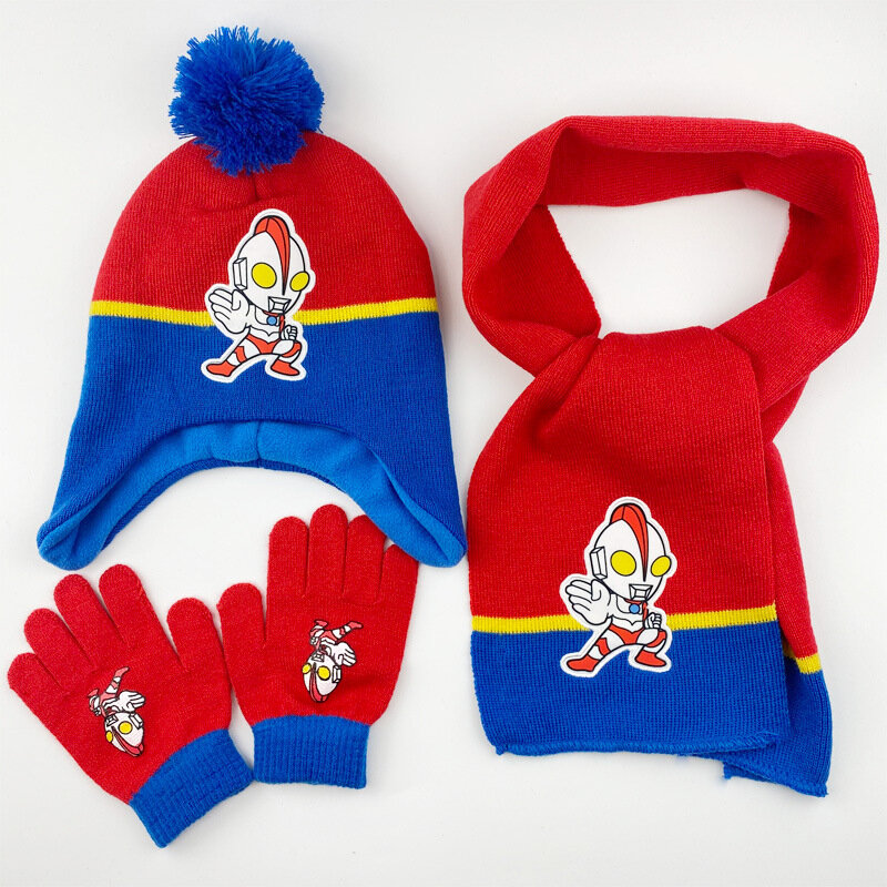 Bandai Three-piece Hat, Scarf, Gloves, Children's Warm Suit, Winter Soft Woolen Ultraman Hat for Boys 7-12 Years Old