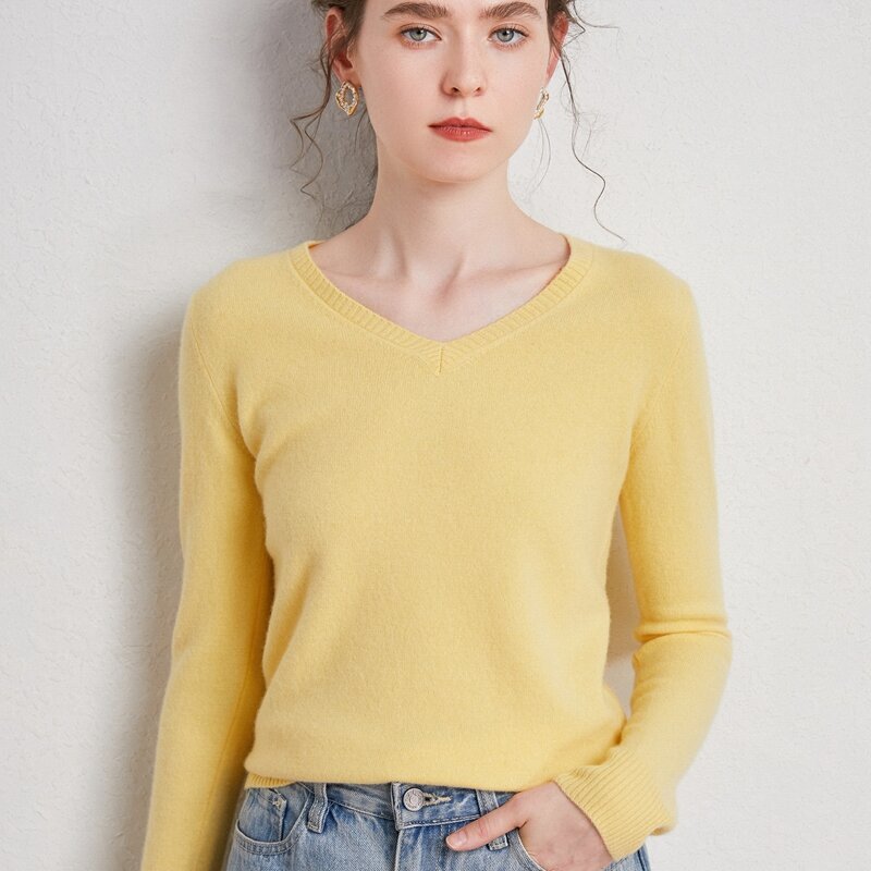 100% Pure Wool Women's V-Neck Spring And Autumn Elegant Pullover Fashion Comfortable All-Match Chic Top Basic Knitted Sweater