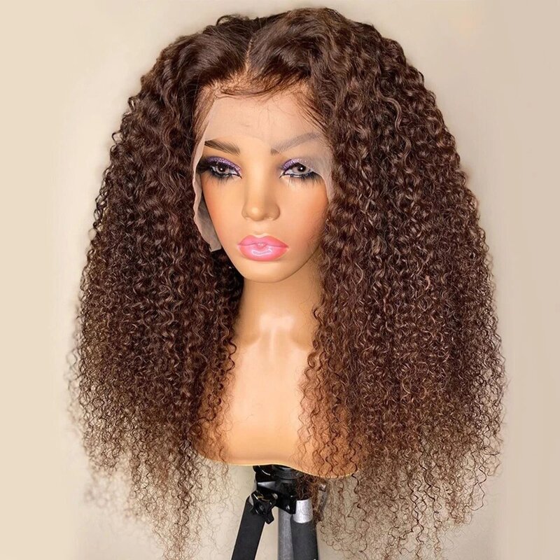 26Inch Long Kinky Curly Natural Brown Soft Lace Front Wig For Black Women 180%Density Preplucked Heat Resistant Fiber Hair Daily