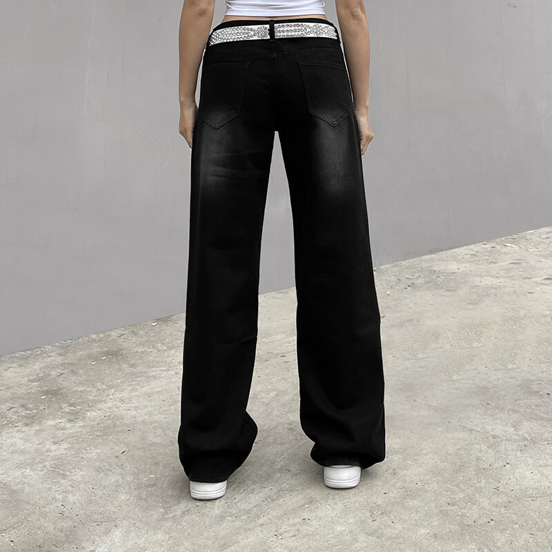 Vintage impresso jeans y2k cintura alta streetwear 90s calças de brim femininas calças de brim harajuku carga reta perna larga jean