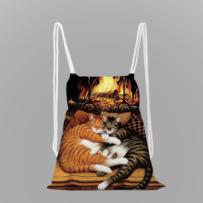 Sorte gato impressão escola mochila para meninas saco de corda saco de corda mochila de viagem feminina