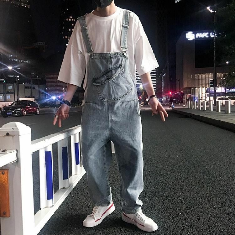 Summer Workwear Denim Strap Pants for Men 2023 New Casual Loose Straight Strap Pants for Korean Fashion One Piece Strap Pants