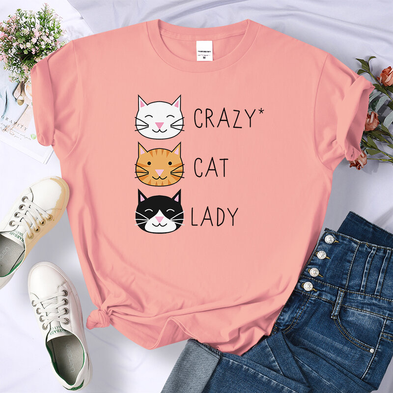 Crazy Cat Lady śliczny hip-hopowy T-shirt damski modna odzież letni Top nowy okrągły dekolt damski T-shirt luźny na co dzień