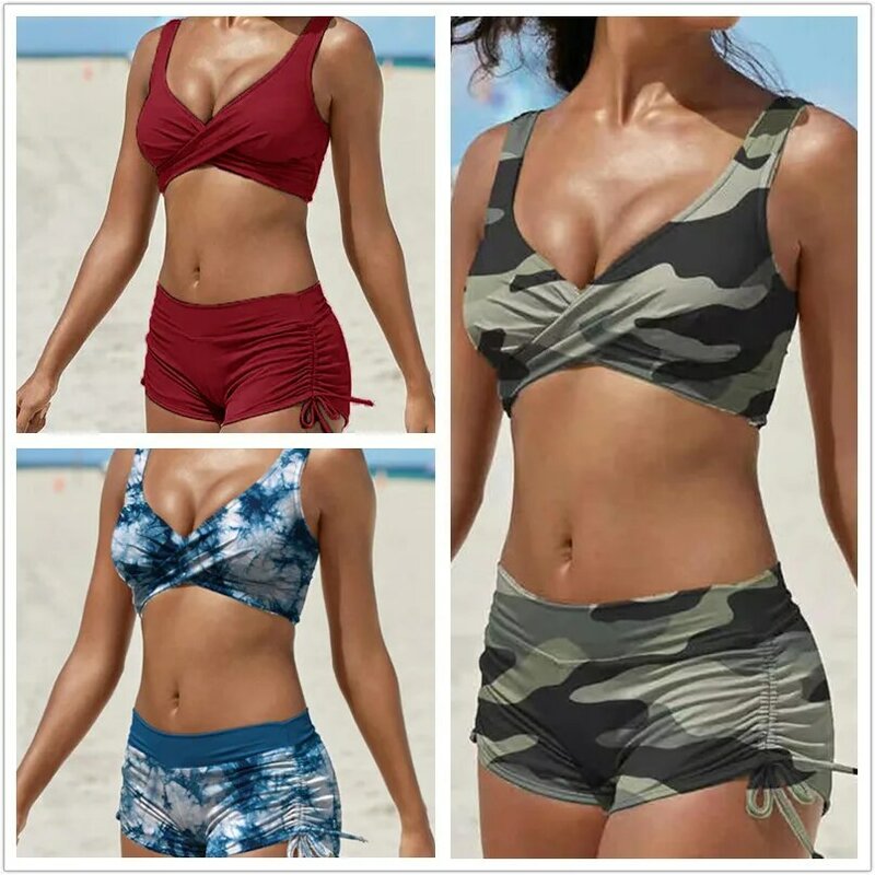 Summer Swimwear Solid Color Bikini Set New Push Split Frame Solid Color Model with Chest Pads Reunited Sexy Split Swimsuit