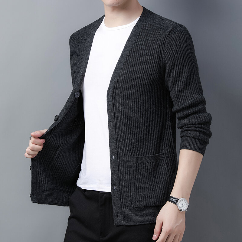 Cardigan de malha manga comprida bolso primavera lã grossa suéter coreano casual camisola com decote em v casaco