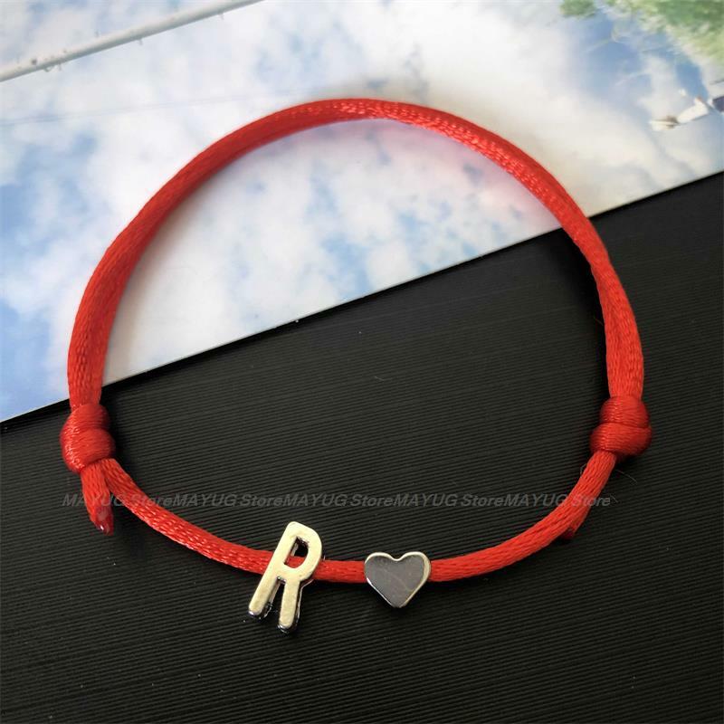 Bracelet porte-bonheur avec initiales en forme de petit cœur pour femme et homme, breloque porte-bonheur, corde rouge, couleur argent, cadeau, vente en gros