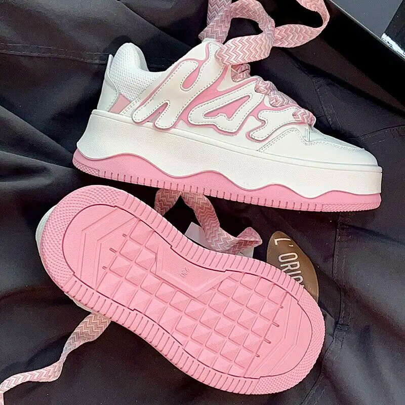 Y2K-Zapatillas deportivas informales de lona para mujer, zapatos planos de plataforma para estudiantes, Tenis gruesos, color rosa, Kawaii, moda coreana