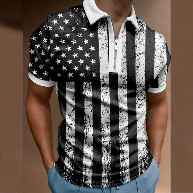 Summer Short -sleeved American Flag Digital Printed Men's Short -sleeved Zipper POLO Shirt