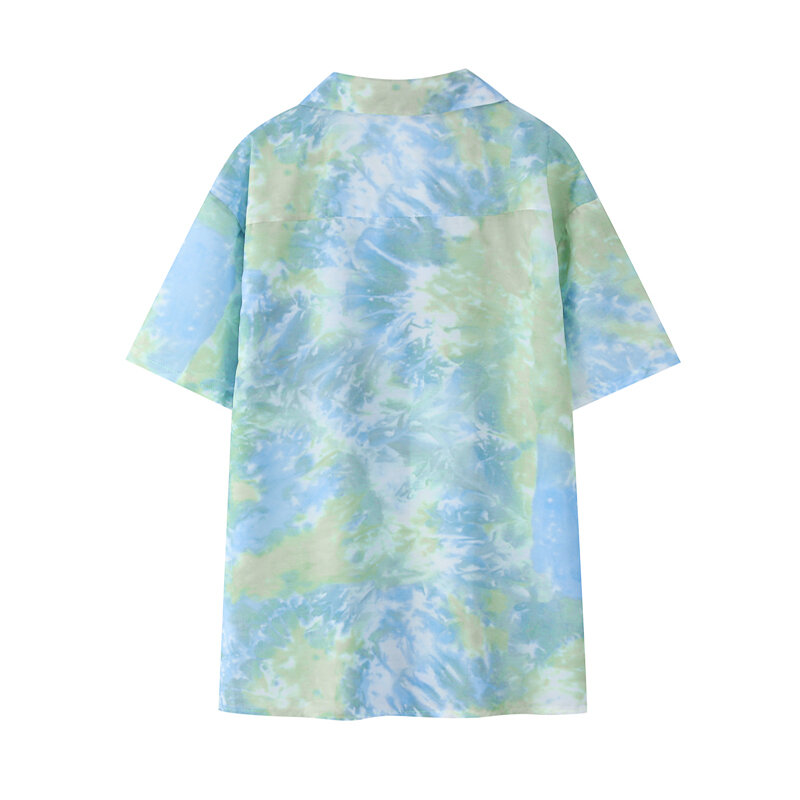 HK Style Blue-green Tie-dye Floral Shirt Women's Summer Hawaiian Design Loose Short-sleeved T-shirt Tops Neutral Casual Blouse