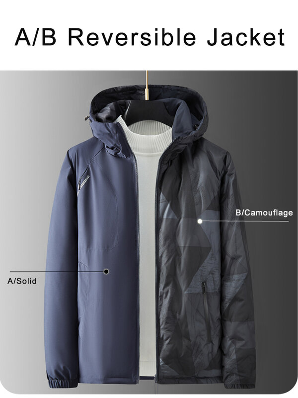 80% White Duck Down Padded Men's Winter Warm Jacket Plus Size A/B Reversible Waterproof Hooded Casual Windbreaker Puffer Coat