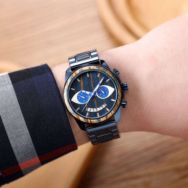 Drewniany zegarek ręczny dla mężczyzn moda stalowa drewniana wielofunkcyjna horloges mannen kwarcowy modny buźka heban mężczyźni zegarki uhr herren