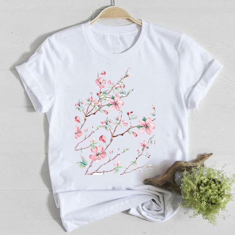 Camiseta con cuello redondo y estampado de flores para Primavera, ropa de manga corta para mujer, moda de verano, informal, minimalista, gráfico, elegante