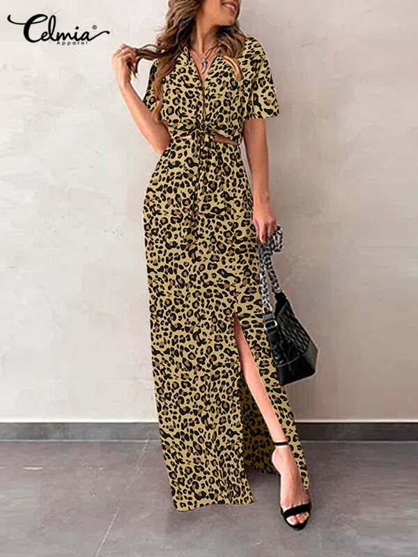 Conjuntos de vestido de impressão de leopardo feminino celmia moda manga curta bandagem hem curto topo e fenda hem saia longa ternos férias 2 pçs conjuntos