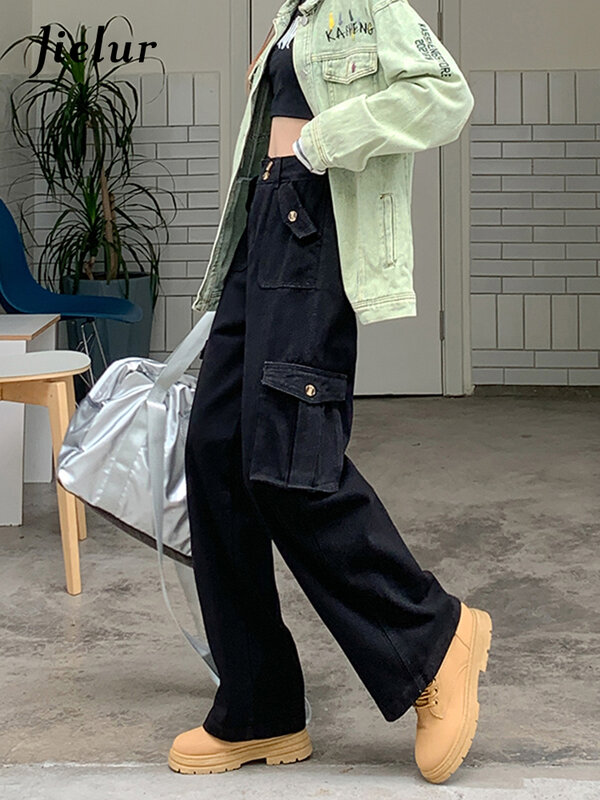 Jielur Arbeitskleidung Schwarz Cargo Jeans Frauen Streetwear Multi-Taschen Hoher Taille Hosen für Frauen Kühlen Gerade Breite Bein Hosen s-XL