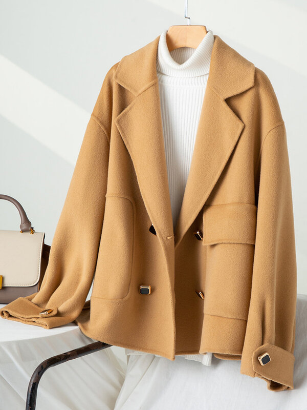 Женское двухстороннее замшевое пальто из чистой шерсти 2022, высококачественное модное двубортное короткое шерстяное пальто в западном стиле с лацканами