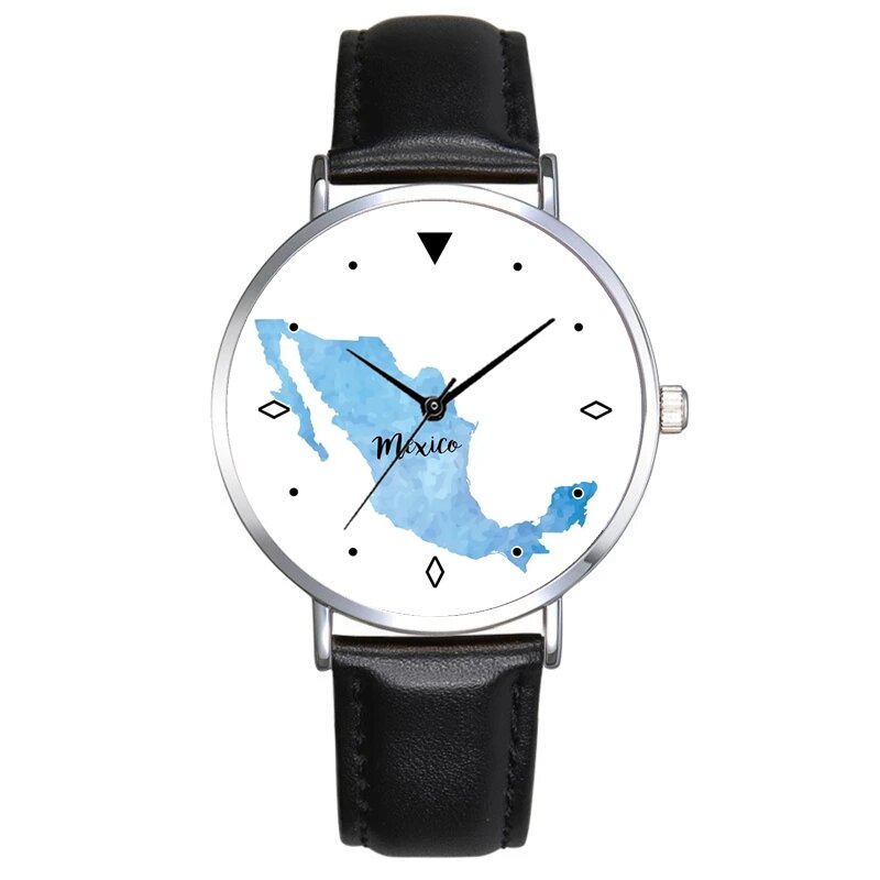 Nova moda feminina relógio bonito mapa mexicano pulseira de couro Casual quartzo Wristbatch