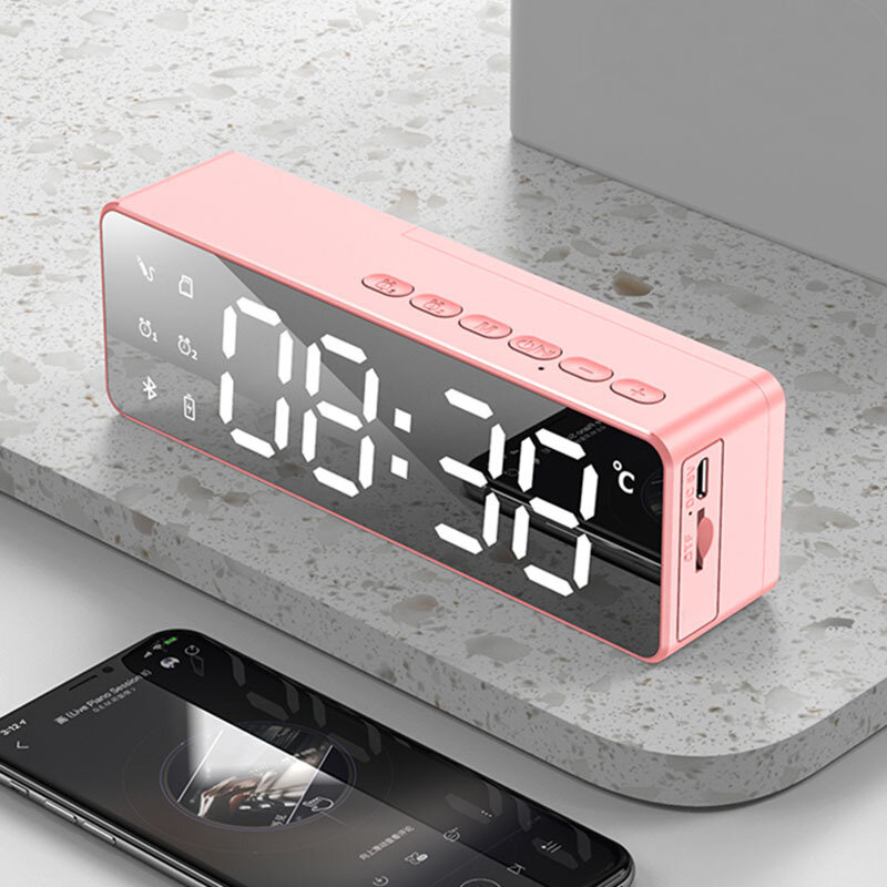 New Portable Bluetooth Speaker Super Subwoofer Mini Clock LED Wireless Speaker Mirror Phone Holder FM Reminder Function