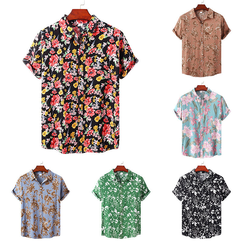 Kemeja Berkancing Lengan Pendek Musim Semi/Summen Kaus Bunga Ukuran Eropa Lengan Pendek Pria Kaus Hawaii Gaya Pantai