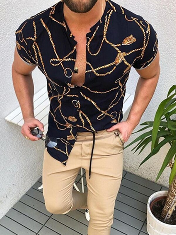 Chemises imprimées à carreaux pour hommes, décontractées, Slim, à revers, manches courtes, chaîne en or, à la mode, été, 2022