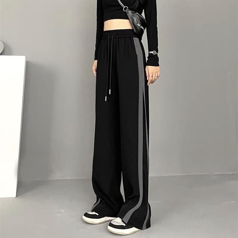 Hoge Taille Side Streep Grijs Wit Heldere Lijn Decoratie Trekkoord Wijde Pijpen Broek Treurvormig Gevoel Streetwear Vrouwen Broek