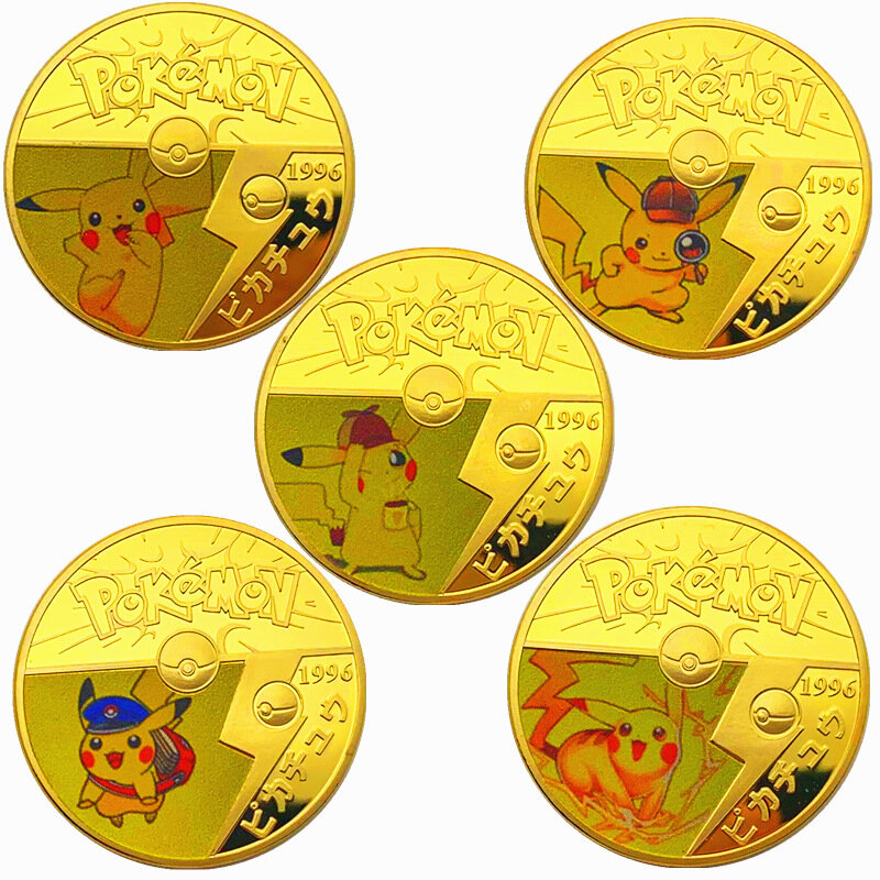 Pokemon anime ouro chapeado moeda jogo comemorativo moeda pikachu ouro moeda jogo coleção pokemon cartões de natal presente