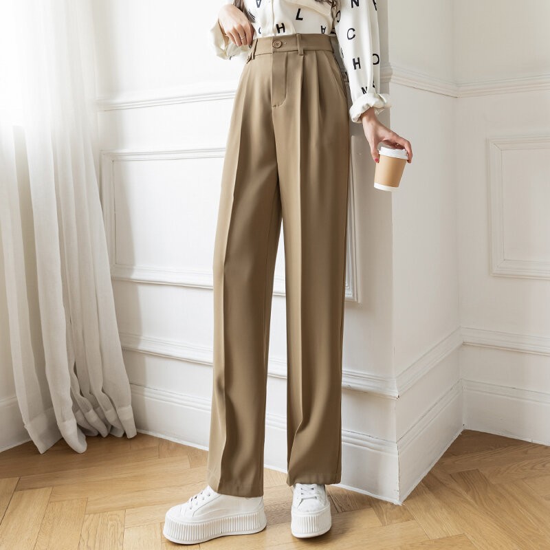 Pakaian Warna Solid Celana Kaki Lebar Wanita Musim Semi Baru Pinggang Tinggi Longgar Perasaan Jatuh Celana Lurus Tipis 80H, 325-1