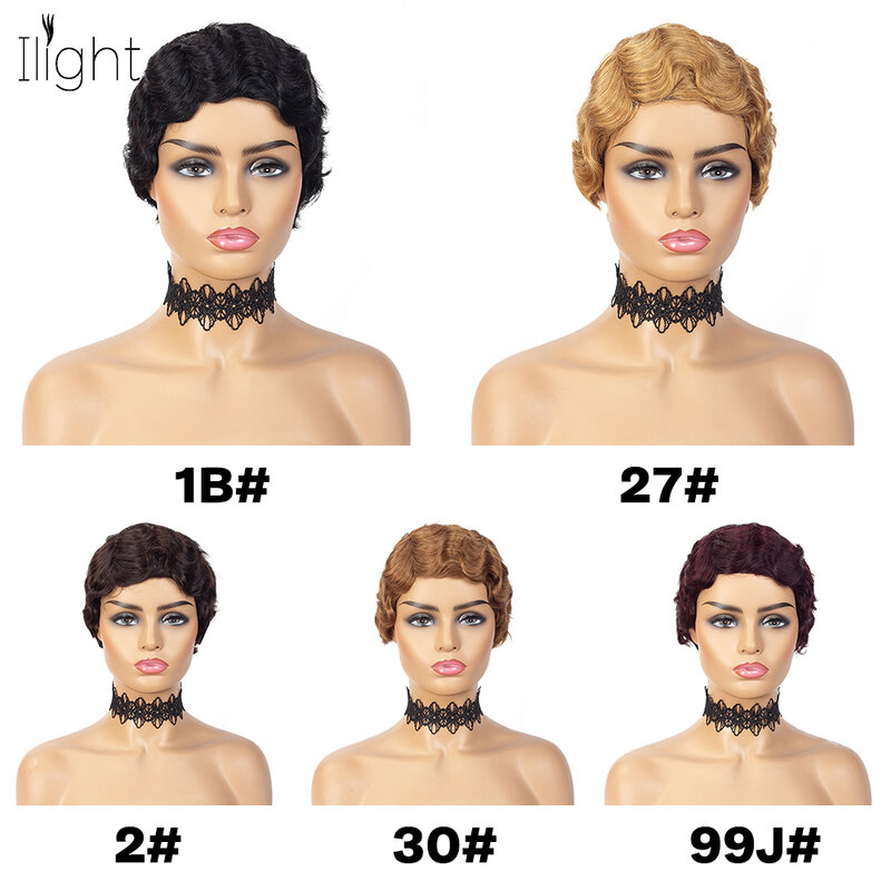 Remy Human Hair Short Pixie Cut Wig Old Fashion Flapper Hairstyles for Women Machine Made Short Finger Wave Retro Style Wig