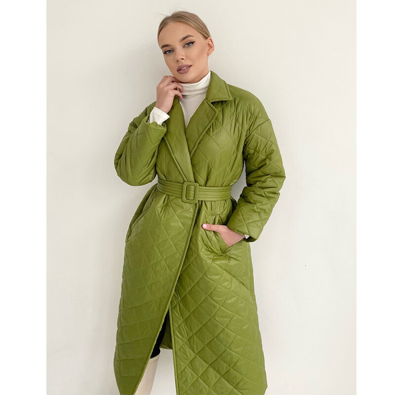 Winter Clothes Women Coat Long Straight Rhombus Pattern Green Casual Sashes Windproof Warm Elegant Female Outwear Jacket 77C