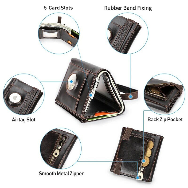 CONTACT'S-cartera de cuero genuino para hombre, billetera delgada minimalista RFID Airtag, tarjetero, monedero triple, antipérdida