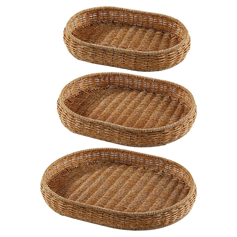 Hand-woven Round Artificial Rattan Wicker Basket Food Fruit Bread Snack Storage Plate Rattan Woven Home Cosmetic Sundries Basket