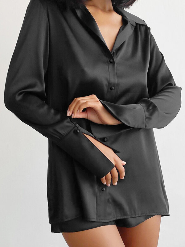 Hiloc-Pijama de satén negro para mujer, con cuello vuelto Sexy ropa de dormir y pantalones cortos, traje de casa de una sola botonadura
