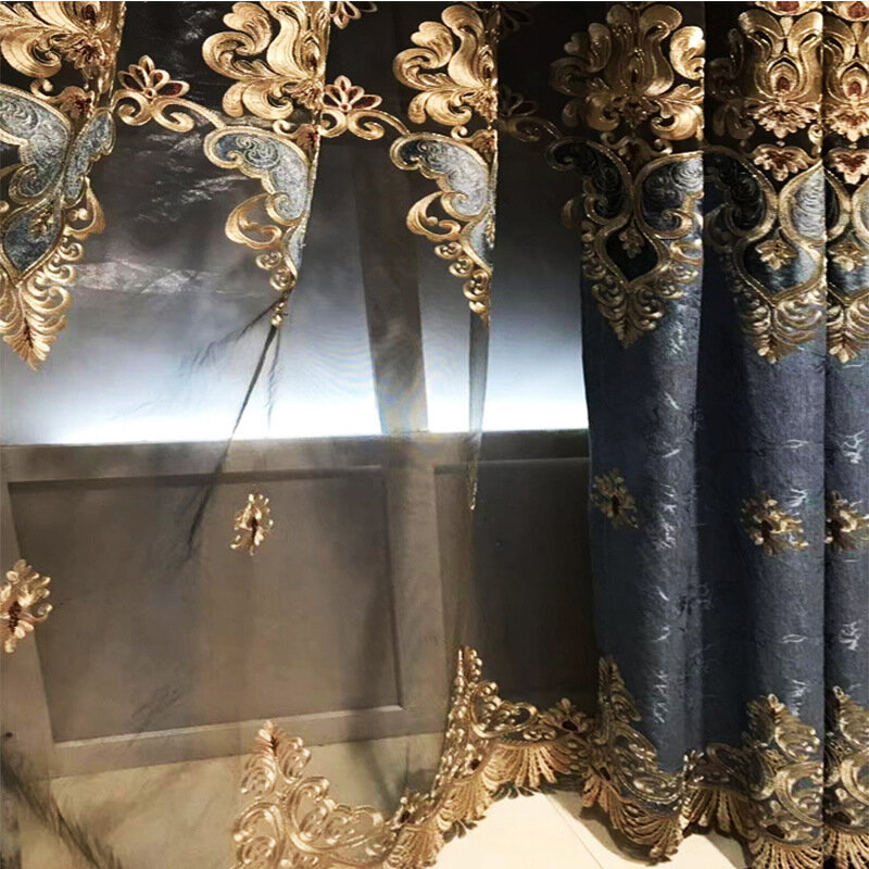 Cortina bordada de terciopelo de estilo europeo, persianas de cristal personalizado acabadas para ventana, opacas, para sala de estar, comedor y dormitorio