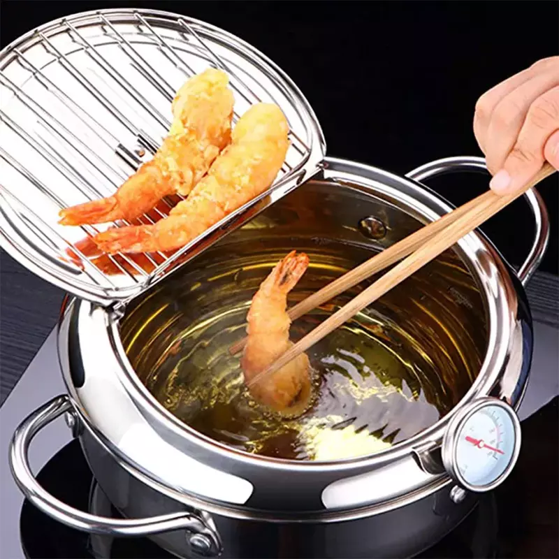 Fritadeira japonesa com termômetro e tampa 304 aço inoxidável cozinha tempura fritadeira frigideira sem óleo fritadeira
