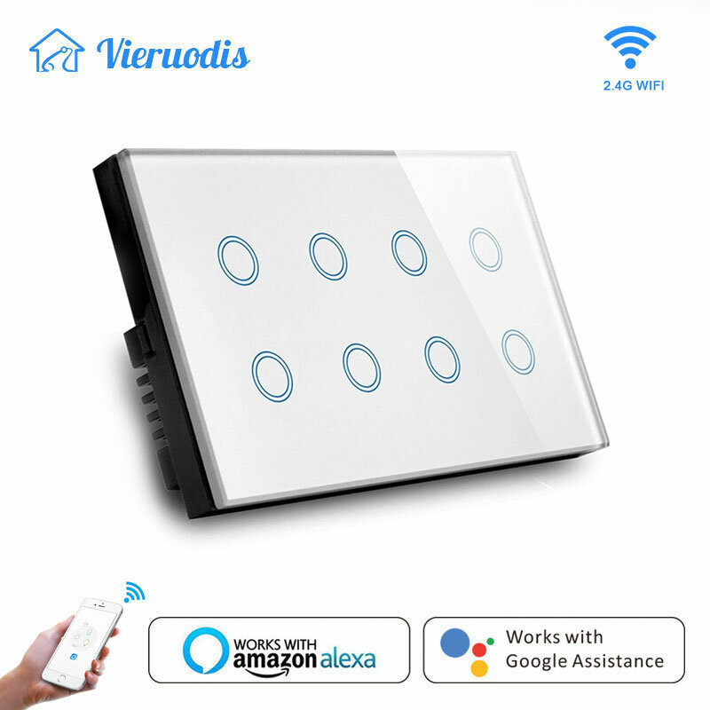 Interruptor inteligente de pared táctil con Wifi, Panel de cristal con 8 entradas, 147x86mm, Compatible con Alexa y Google Home, Tuya