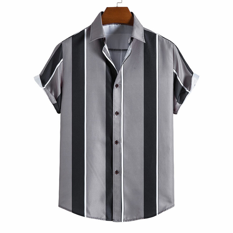 Рубашка мужская на одной пуговице, Гавайская Повседневная Свободная пляжная блузка с принтом в полоску, с коротким рукавом, лето 2022