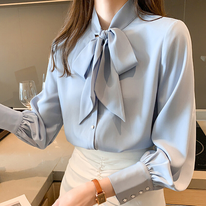 Nova chegada camisa das mulheres blusa trabalho vintage casual topos chiffon blusa arco elegante solto mulheres camisas de negócios 2022