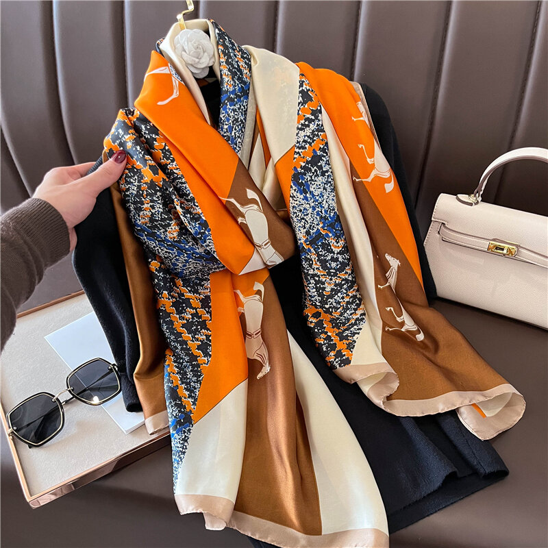 Satynowy szal z jedwabiu dla kobiet, nowy, modny nadruk, luksusowe szale i chusty, duży szal plażowy 180x9 0cm, Echarpe