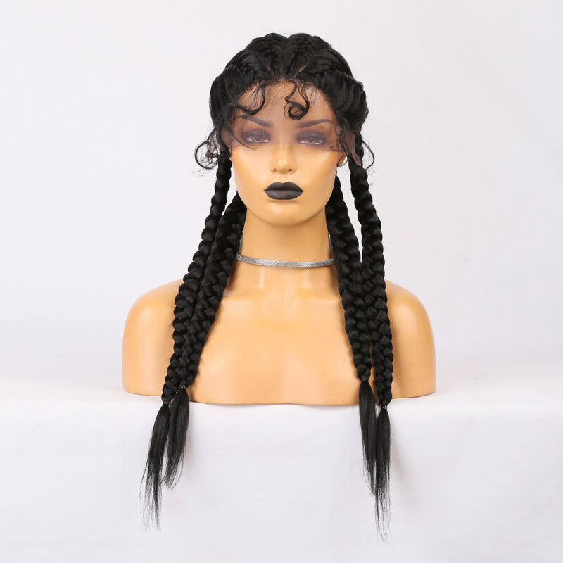 Peluca de cabello sintético para mujer, postizo de encaje completo de 32 pulgadas, color negro, con trenzas de aciano, con pelo de bebé, largo, caja Jumbo