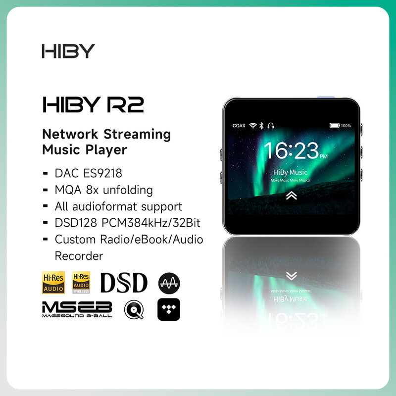 HiBy Lecteur de Musique MP3 en Réseau R2, Audio Numérique sans Perte, MQA, 5G WiFi, LDAC, DSD, Radio Web, Bluetooth 5.0