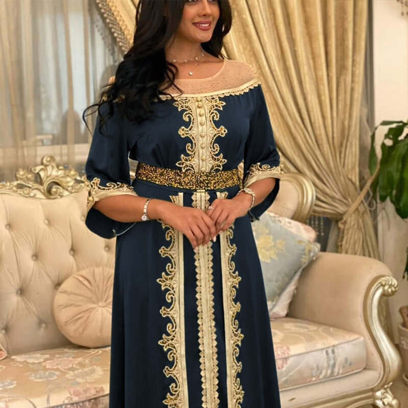 Gaun Malam A-Line Satin Applique dan Berlian Panjang Gaun Idul Adha Turki Jubah Mewah