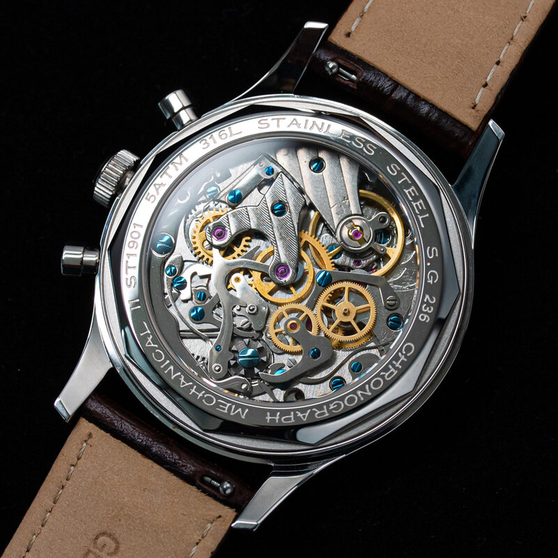 Pilot zegarek chronograf zegarek mechaniczny ST19 mewa ruch szafirowe opakowanie ze stali nierdzewnej skórzany pasek gumowy