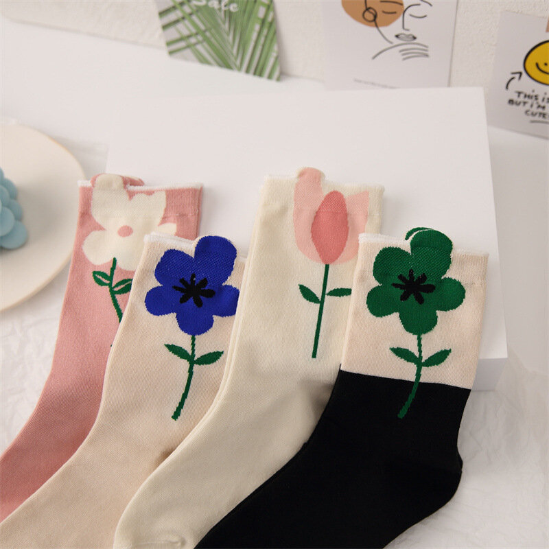 Calcetines de algodón con flores para mujer, medias de tubo medio, transpirables, de alta calidad, informales, Kawaii, primavera y verano, novedad