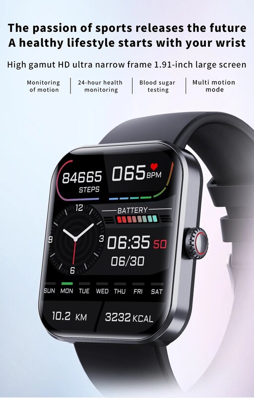 CZJW 2023 New Smart Watch Blood Glucose 1.9 Inch Sports Smart Watch Body Temperature Measurement Blood Pressure Heart Rate