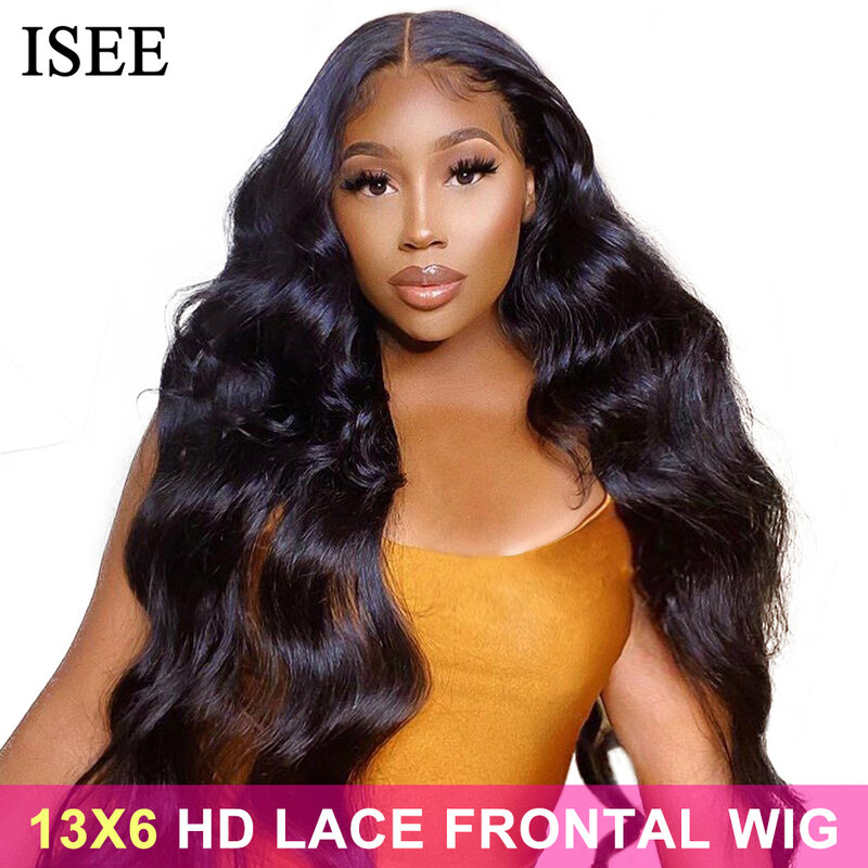 Perruque Lace Front Wig brésilienne naturelle,-ISEE HAIR, cheveux humains, Body Wave, 13x6 HD, 32 pouces, pre-plucked, 360