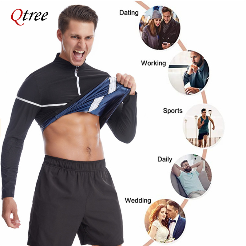 Men Long Sleeves Sauna Sweat Shirts Waist Trainer Body Shaper Zipper Tank Tops Hot Thermo Slimming Workout Weight Loss Suits