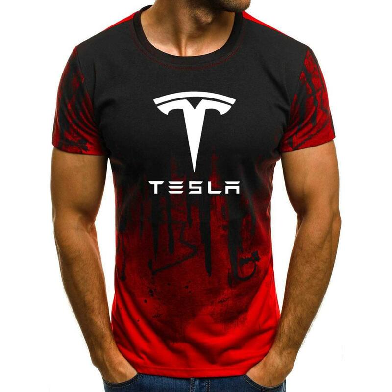 Nam Nữ Tay Ngắn Tesla Logo Xe Hơi Nam Áo Thun Mùa Hè Áo Cotton Gradient T Áo Sơ Mi Thời Trang Hip Hop Bông Tai Kẹp Nam Thương Hiệu tee
