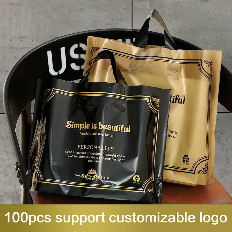 Preto ouro moda presente saco tote saco de embalagem de plástico saco de compras para roupas perucas embalagem 100 pces suporte logotipo personalizado